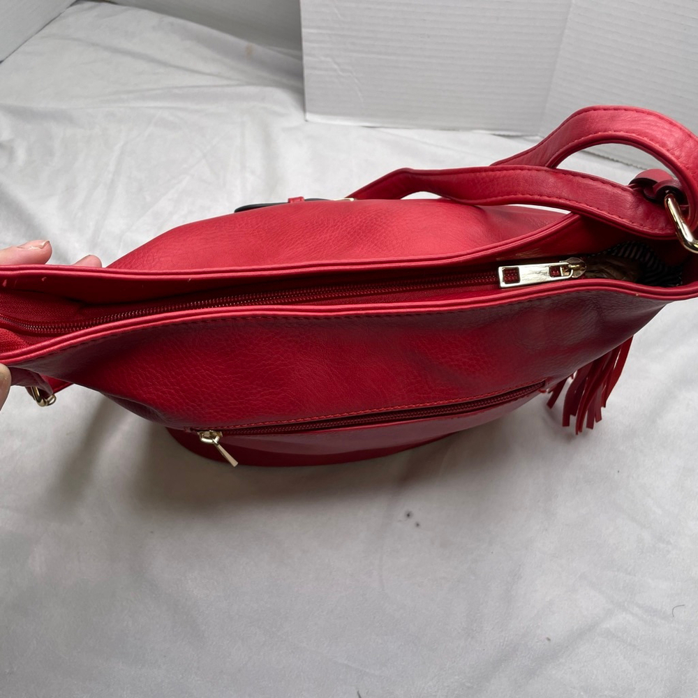Red Vegan Leather Hobo Bag Gold Tassel Buckle Slouchy Bag Pop of Red Aesthetic - Picture 10 of 15